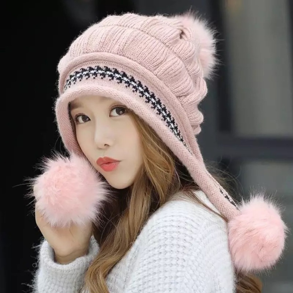 Chic Pink Fleece Lined Beanie with Fur Pom Poms & Fingerless Gloves - Picture 2 of 16